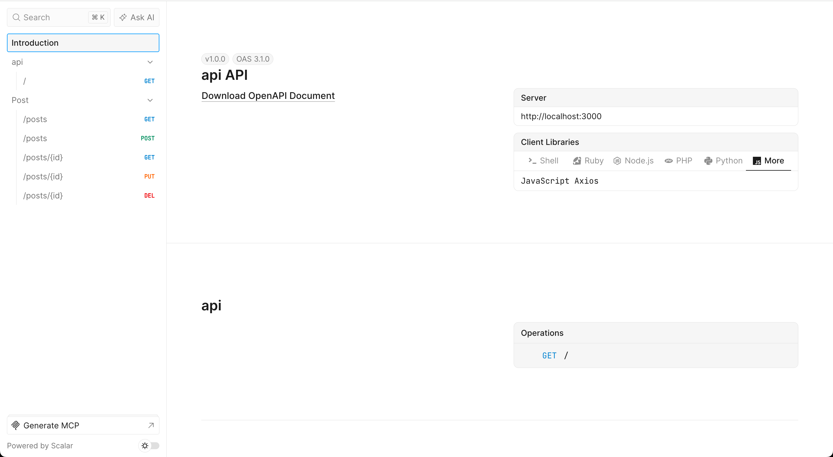 Scalar preview showing my-backend API with Post routes in the sidebar