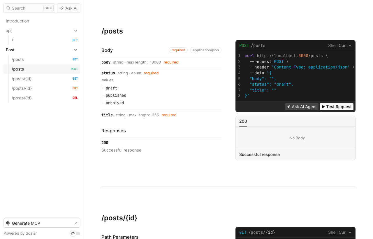 Scalar endpoint detail for POST /posts showing body, status enum (draft/published/archived), and title fields all marked required — with a curl snippet and Test Request button