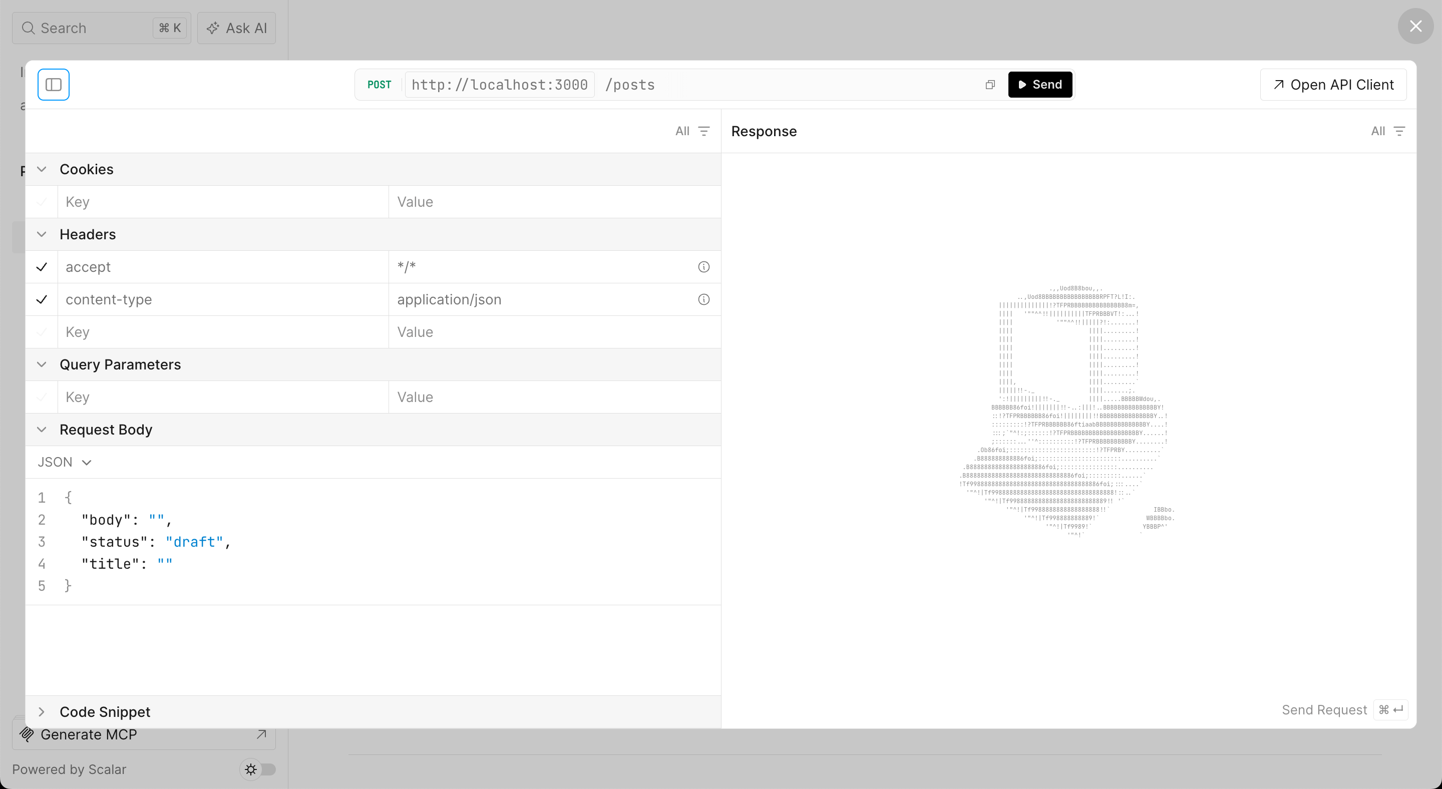 Scalar Test Request panel for POST /posts showing auto-populated body, status (defaulting to "draft"), and title fields